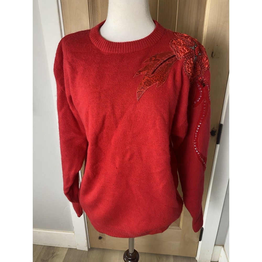 VTG 89s/90s Red Lambswool/Angora Red Embroidered‎ Sequin Sweater S Boho Hippie